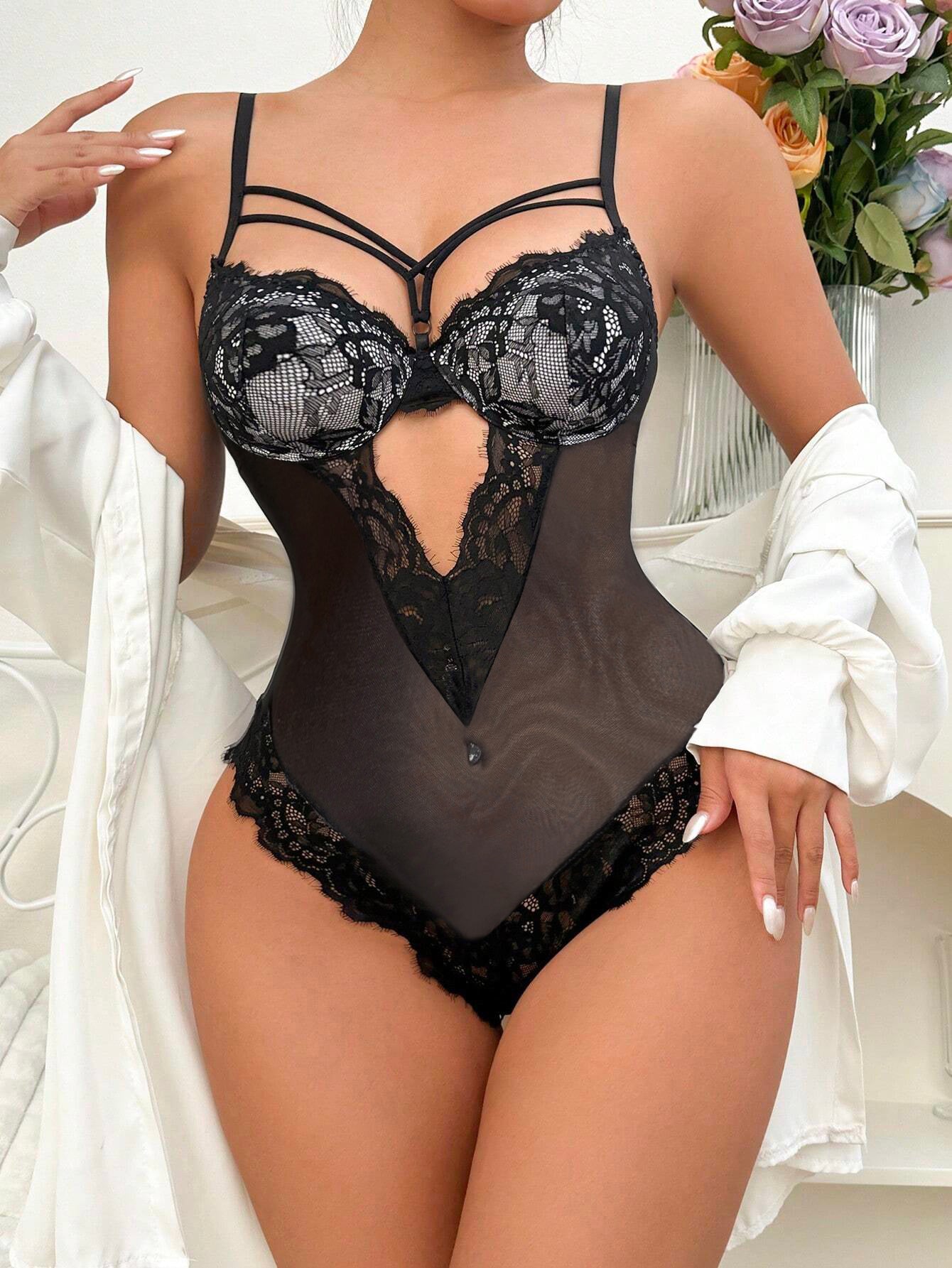 LADIES LACE MESH TEDDY LINGERIE BLACK (SIZE S-2XL)