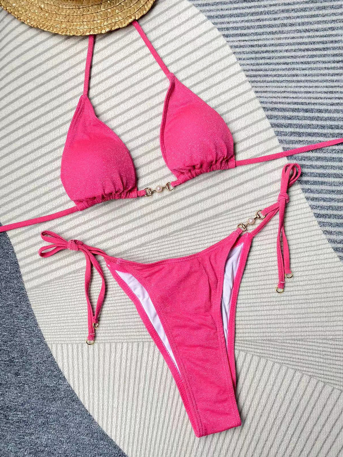 LADIES TWO PIECE BIKINI SWIMSUIT SWIMWEAR PINK / BLACK (SIZE S-L)