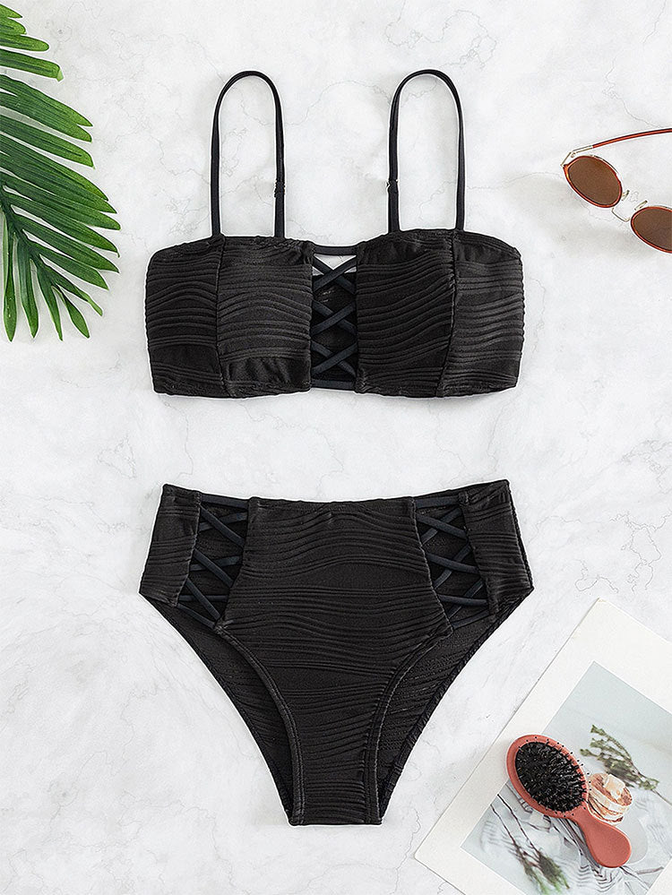 LADIES HIGH WAIST TWO PIECE BIKINI SWIMWEAR BLACK / WHITE (SIZE S-XL)
