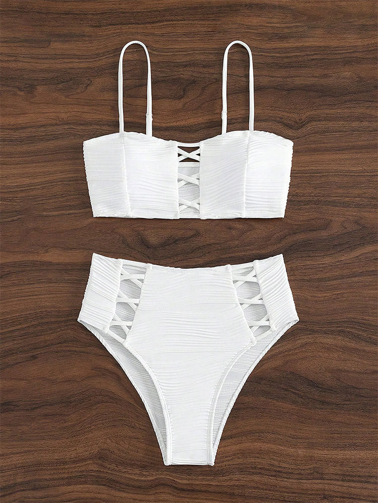 LADIES HIGH WAIST TWO PIECE BIKINI SWIMWEAR BLACK / WHITE (SIZE S-XL)