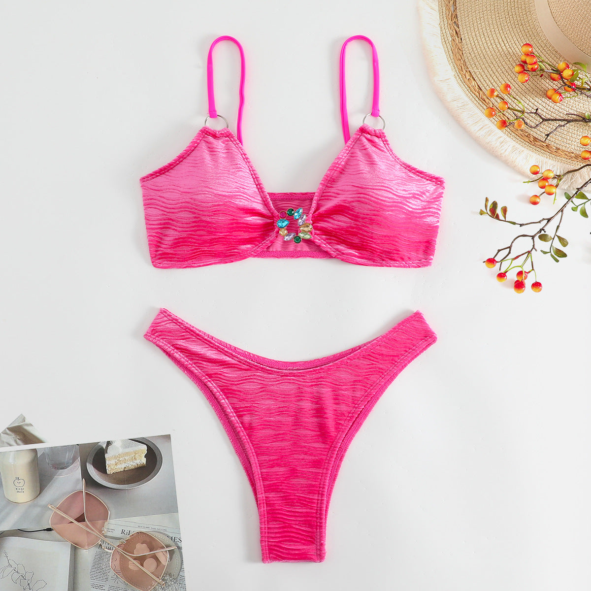 LADIES TWO PIECE BIKINI SWIMWEAR PINK / BLACK (SIZE S-L)