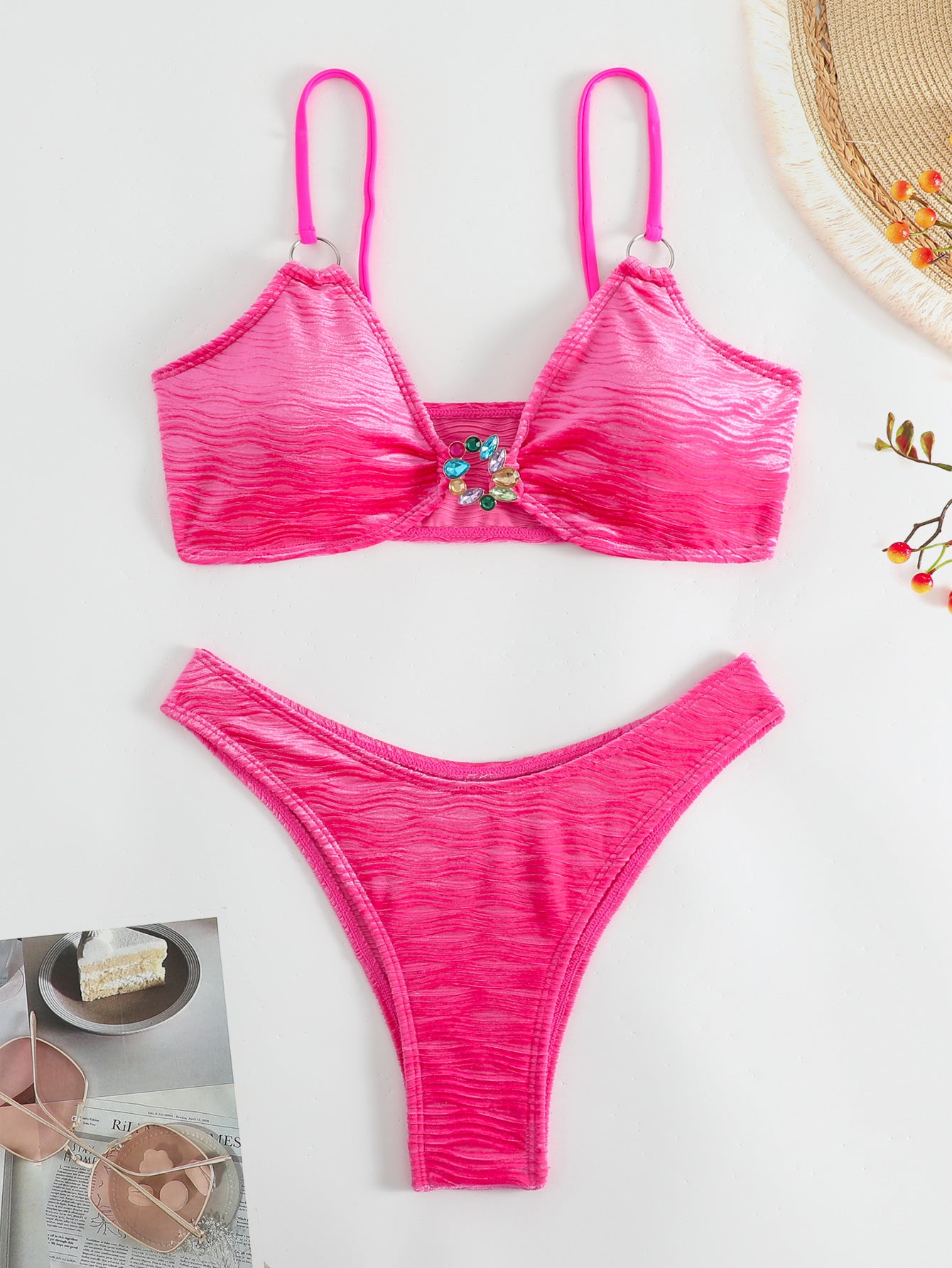 LADIES TWO PIECE BIKINI SWIMWEAR PINK / BLACK (SIZE S-L)