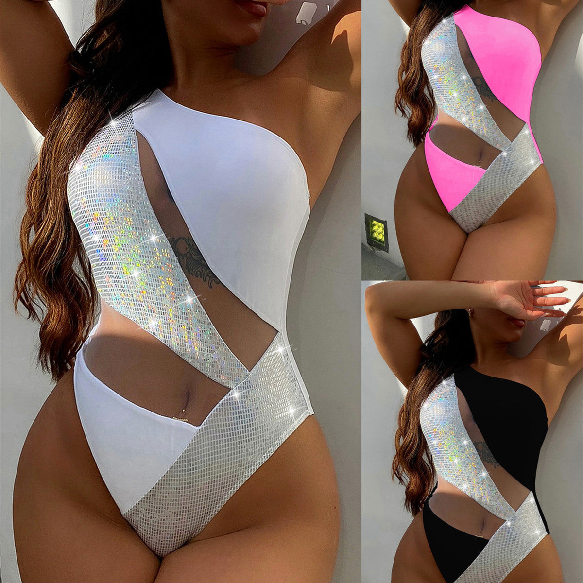 LADIES ONE PIECE SWIMSUIT SWIMWEAR PINK / WHITE / BLACK (SIZE S-L)