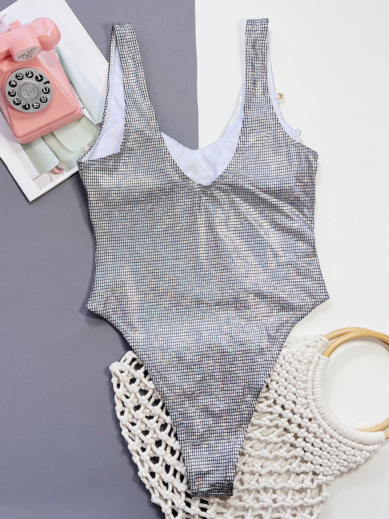 LADIES ONE PIECE SWIMSUIT SWIMWEAR SILVER (SIZE S-L)