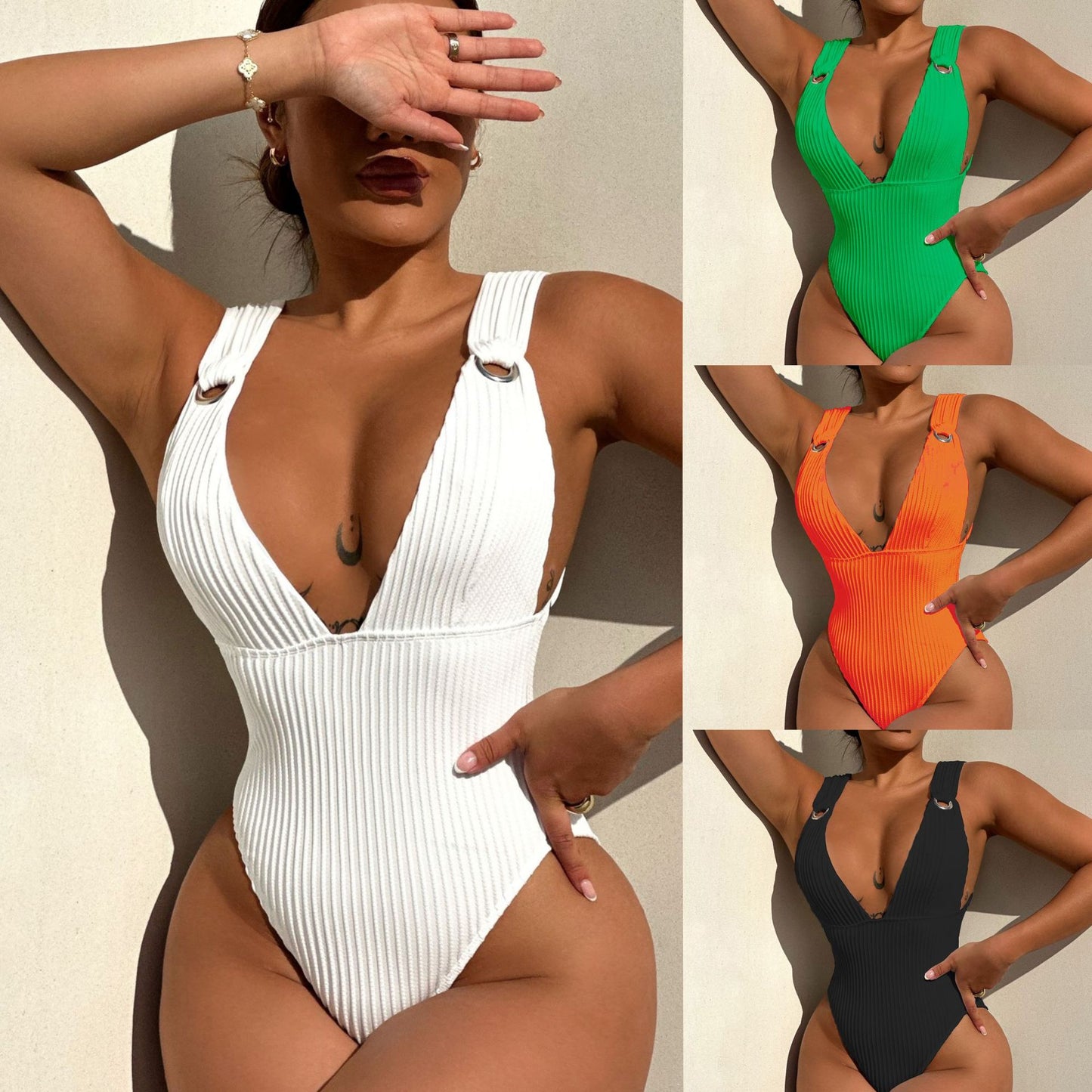 LADIES ONE PIECE SWIMSUIT SWIMWEAR WHITE / BLACK / GREEN / ORANGE (SIZE S-L)