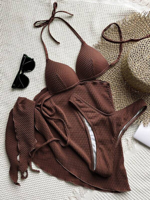 LADIES THREE PIECE SWIMSUIT SWIMWEAR SET VARIOUS COLOURS (SIZE S-XL)