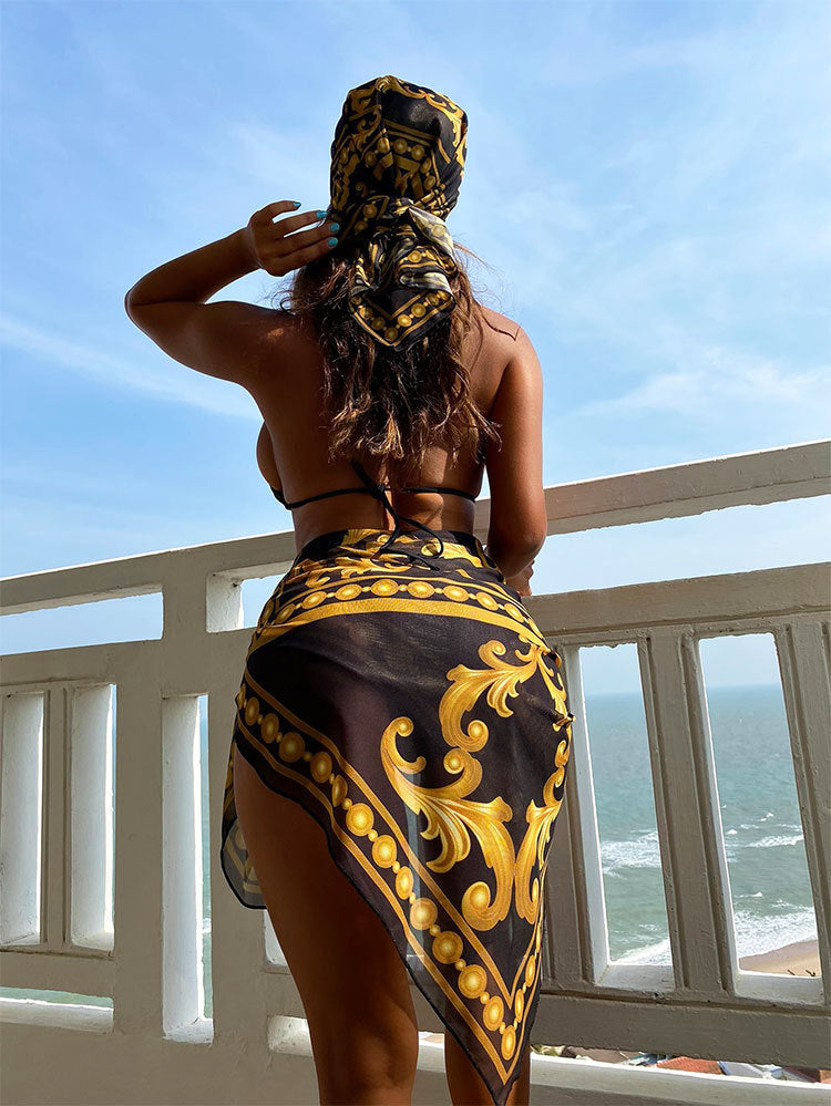 LADIES THREE PIECE SWIMSUIT SWIMWEAR SET BLACK (SIZE S-XL)