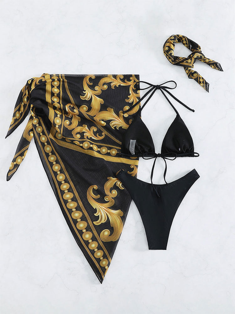 LADIES THREE PIECE SWIMSUIT SWIMWEAR SET BLACK (SIZE S-XL)