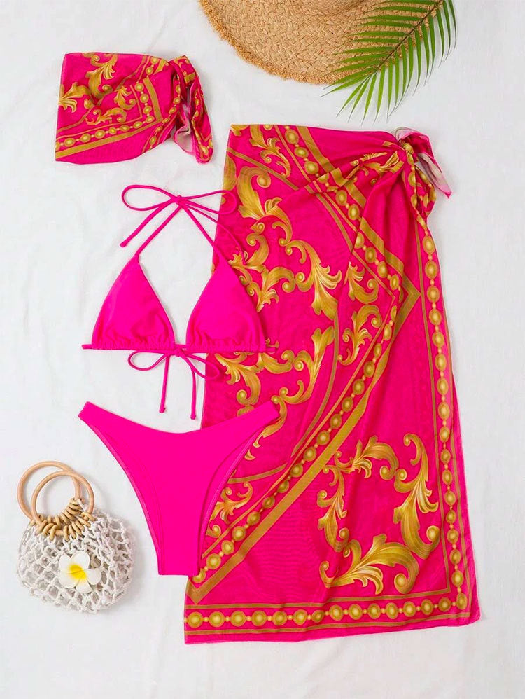 LADIES THREE PIECE SWIMSUIT SWIMWEAR SET RED PINK (SIZE S-XL)
