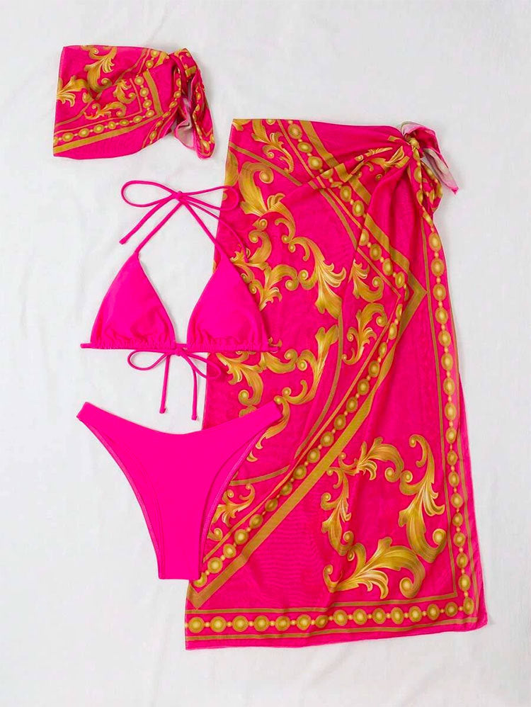 LADIES THREE PIECE SWIMSUIT SWIMWEAR SET RED PINK (SIZE S-XL)