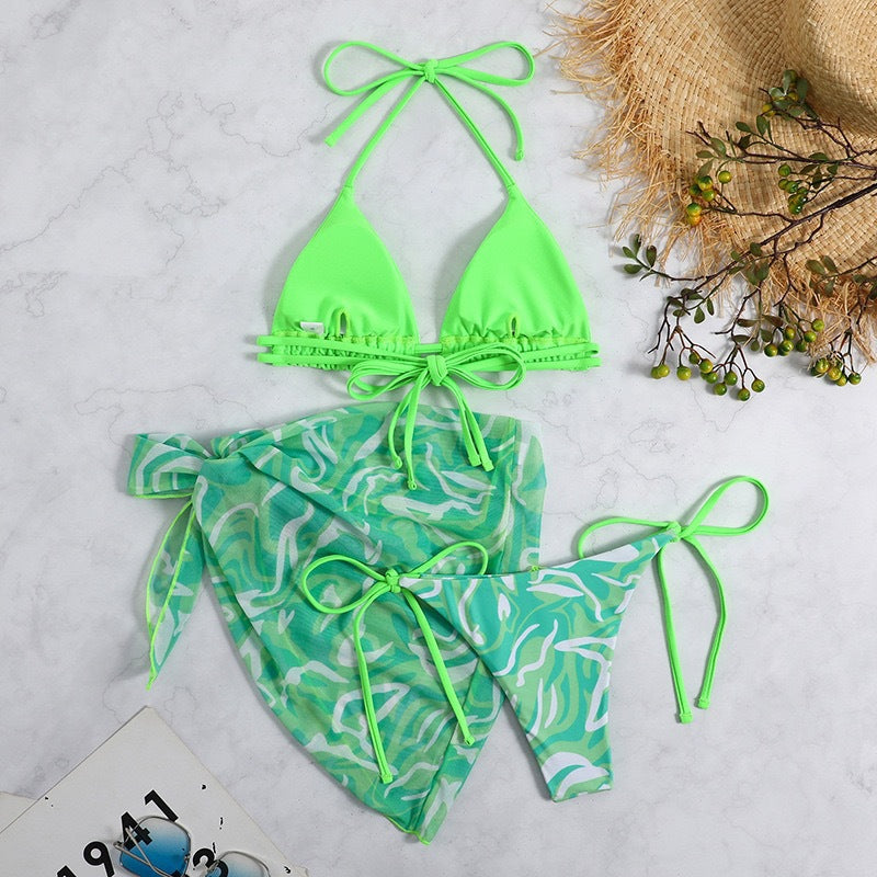 LADIES THREE PIECE SWIMSUIT & SKIRT SET GREEN (SIZE S-L)
