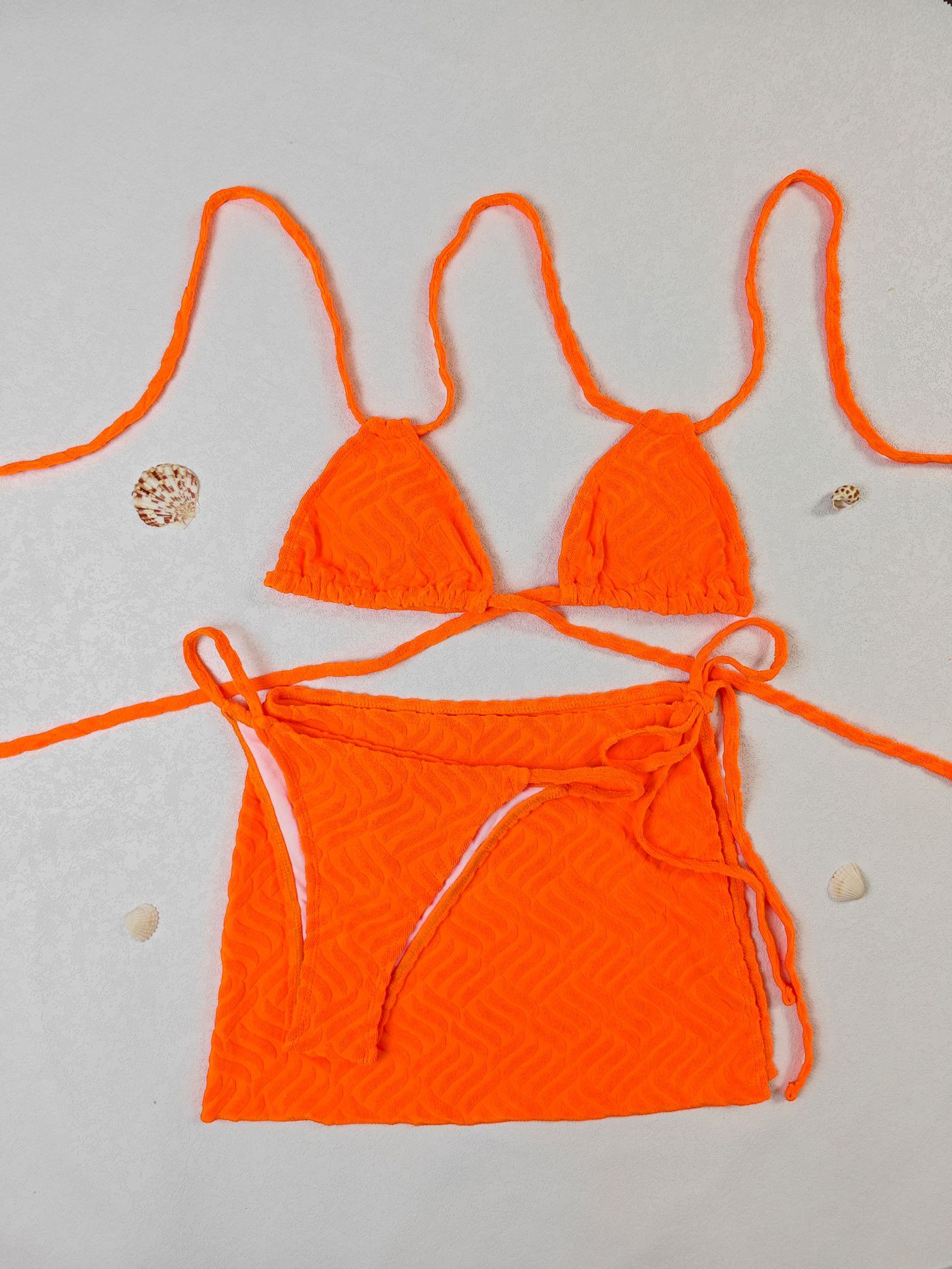 LADIES THREE PIECE SWIMSUIT & SKIRT SET ORANGE / GREEN (SIZE S-L)