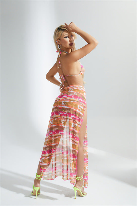 LADIES THREE PIECE SWIMSUIT & SKIRT COVER UP SET (SIZE S-L)