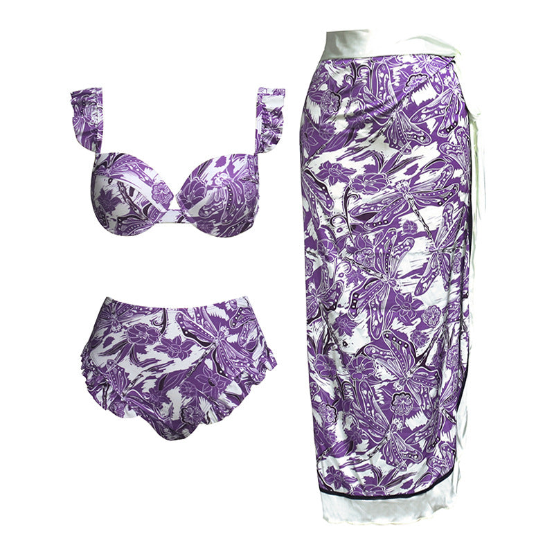 LADIES THREE PIECE SWIMSUIT & SKIRT SWIMWEAR COVER UP SET BLUE / PURPLE (SIZE S-XL)
