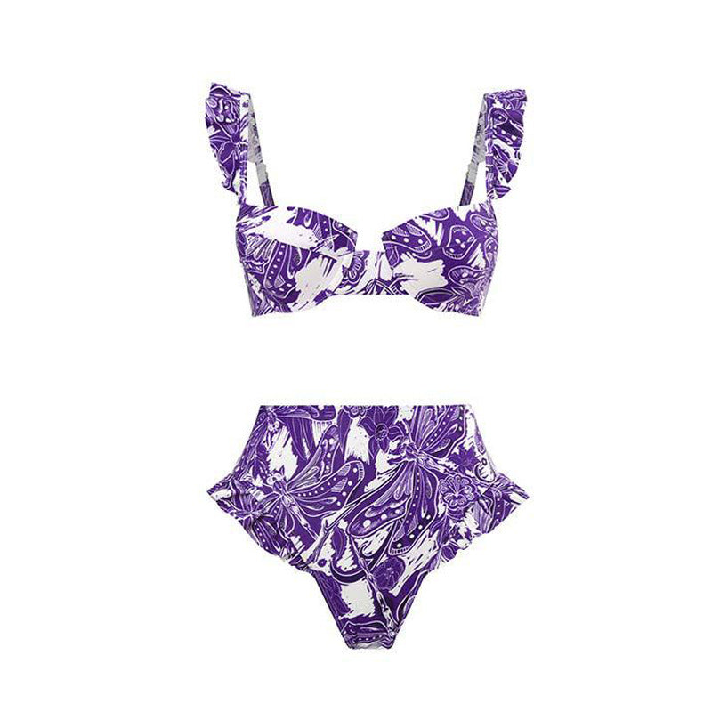 LADIES THREE PIECE SWIMSUIT & SKIRT SWIMWEAR COVER UP SET BLUE / PURPLE (SIZE S-XL)