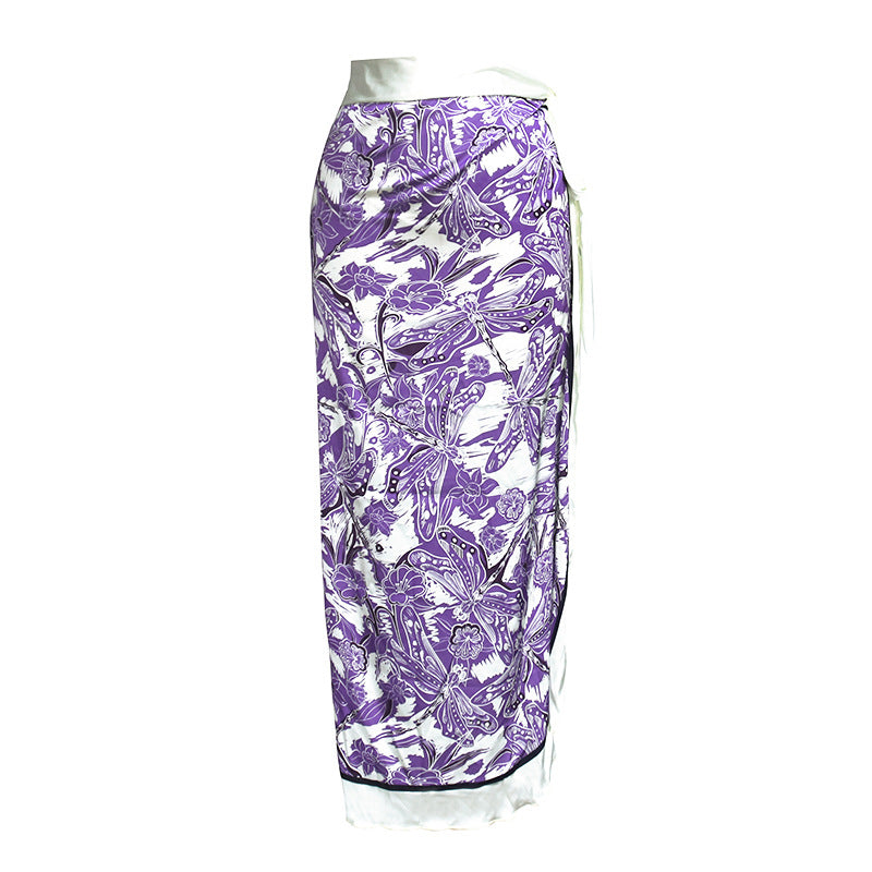 LADIES THREE PIECE SWIMSUIT & SKIRT SWIMWEAR COVER UP SET BLUE / PURPLE (SIZE S-XL)