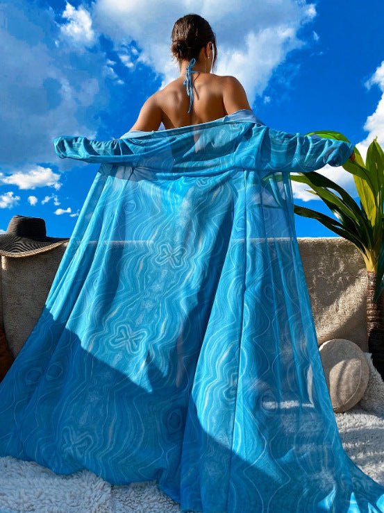 LADIES THREE PIECE SWIMSUIT SET BLUE (SIZE S-L)
