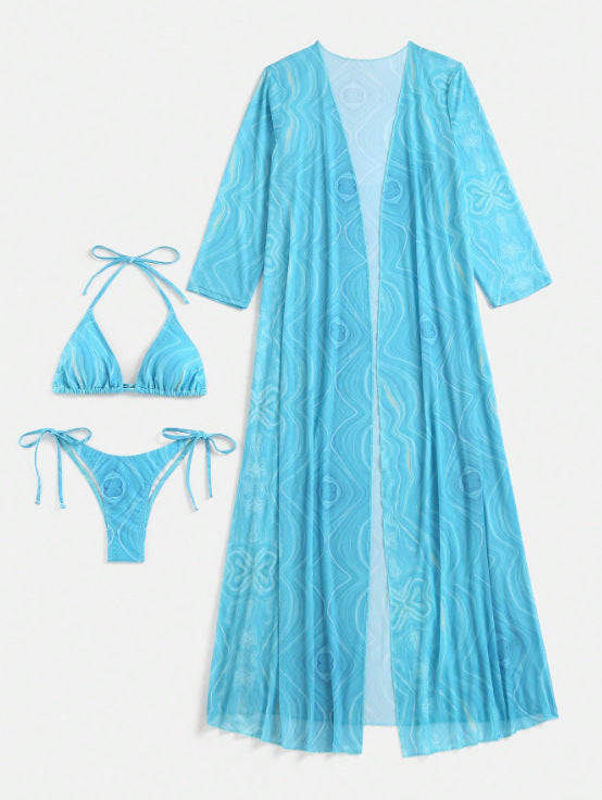 LADIES THREE PIECE SWIMSUIT SET BLUE (SIZE S-L)