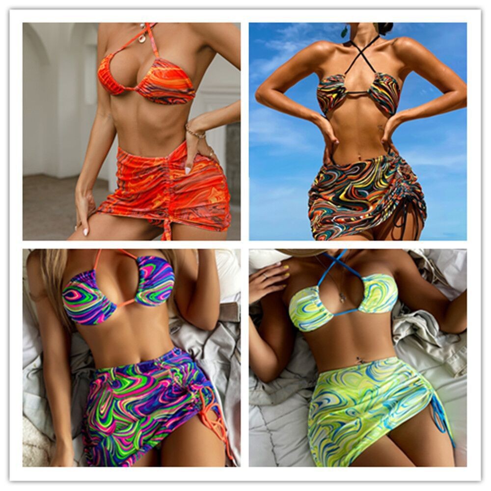 LADIES THREE PIECE SWIMSUIT SET PURPLE / GREEN / ORANGE / BLACK (SIZE S-L)