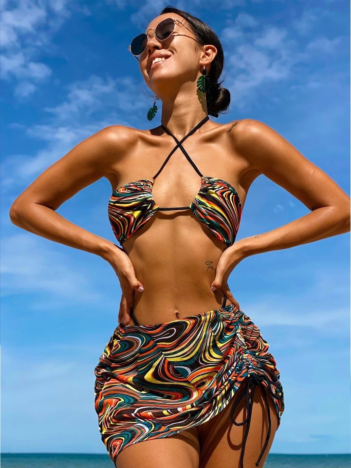 LADIES THREE PIECE SWIMSUIT SET PURPLE / GREEN / ORANGE / BLACK (SIZE S-L)