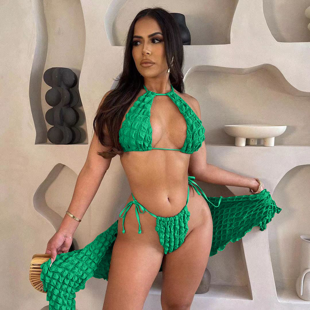 LADIES THREE PIECE BIKINI SWIMWEAR SET GREEN / KHAKI / PINK (SIZE S-2XL)