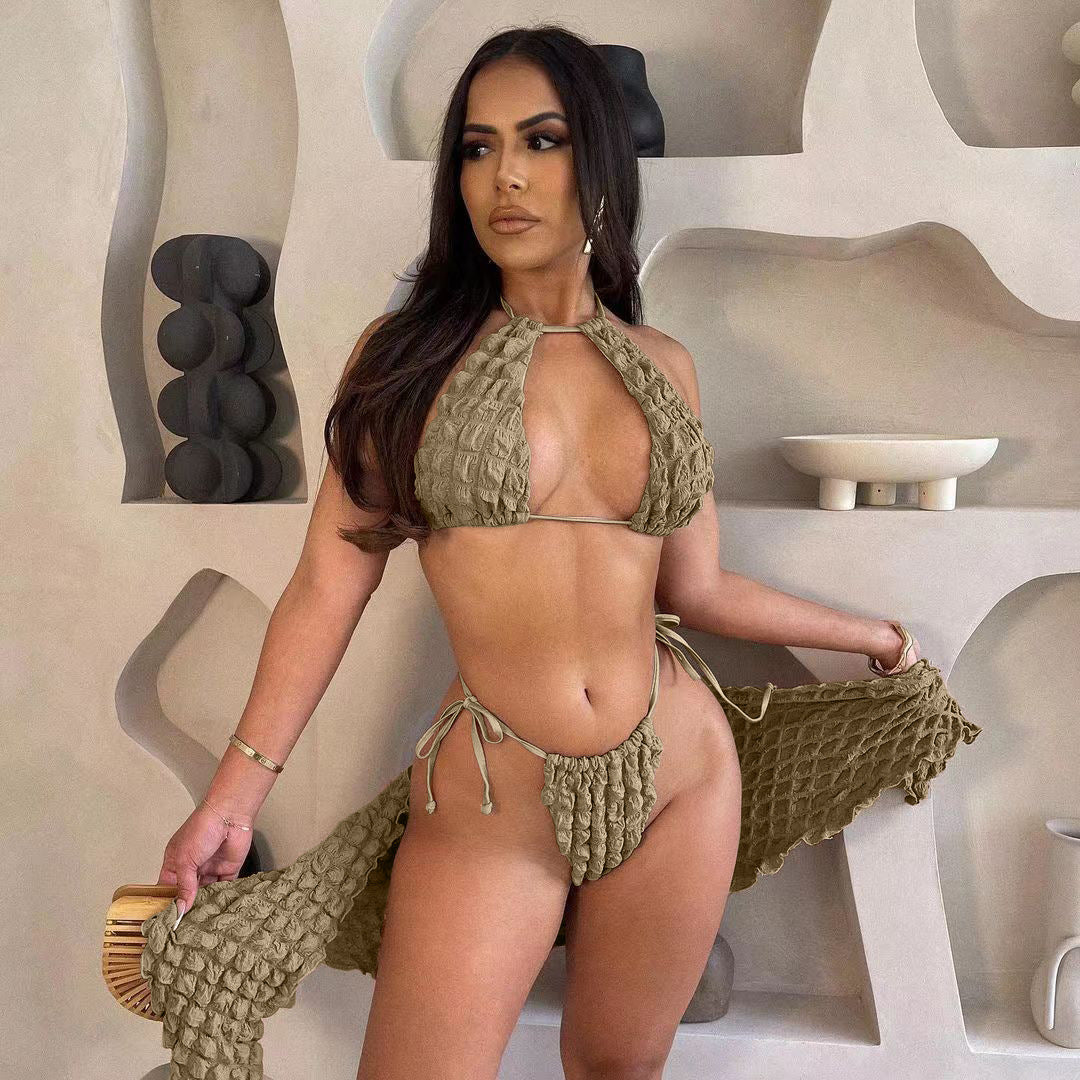 LADIES THREE PIECE BIKINI SWIMWEAR SET GREEN / KHAKI / PINK (SIZE S-2XL)