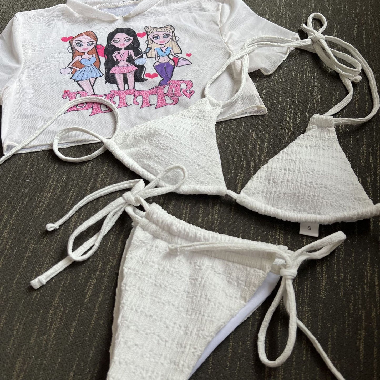 LADIES THREE PIECE BIKINI SWIMSUIT SET WHITE / PINK / BLACK (SIZE S-L)
