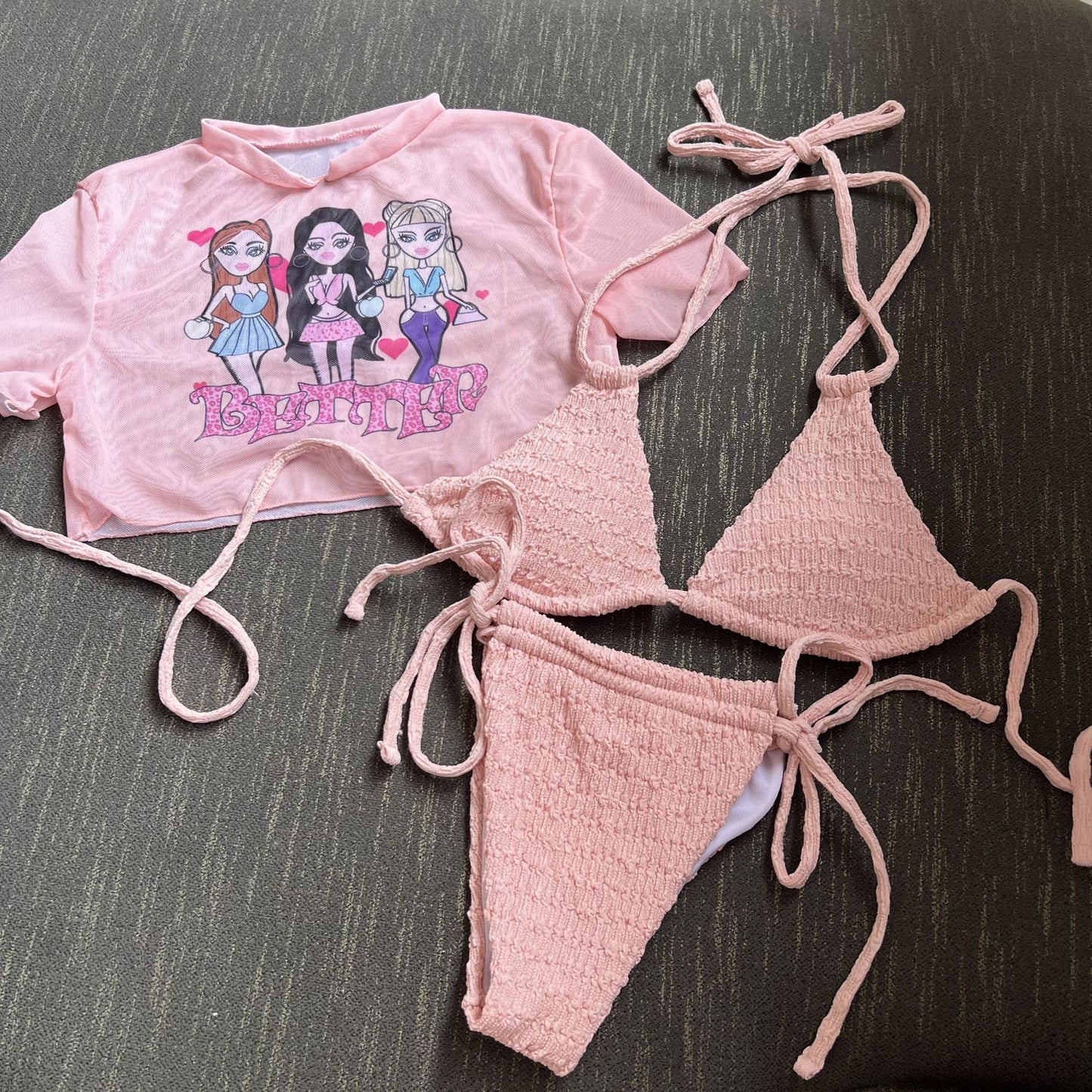 LADIES THREE PIECE BIKINI SWIMSUIT SET WHITE / PINK / BLACK (SIZE S-L)