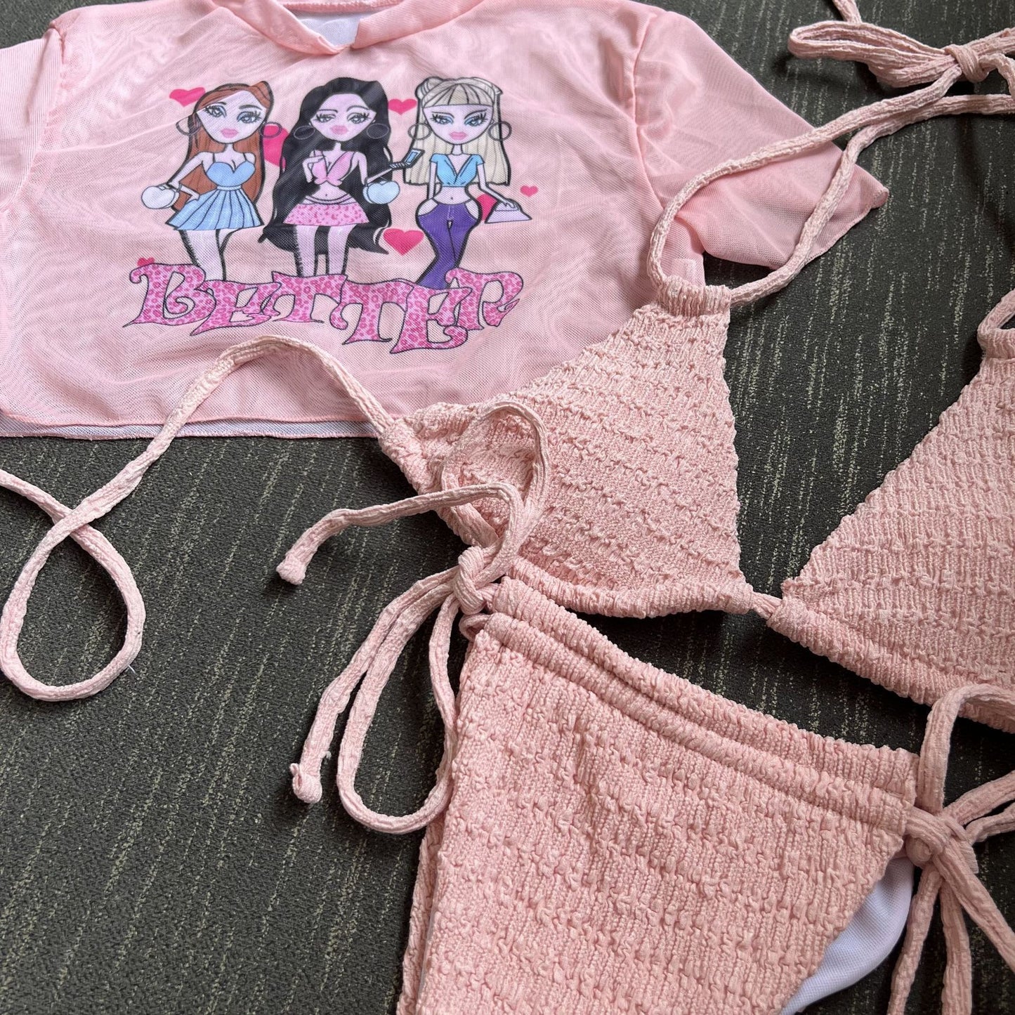 LADIES THREE PIECE BIKINI SWIMSUIT SET WHITE / PINK / BLACK (SIZE S-L)