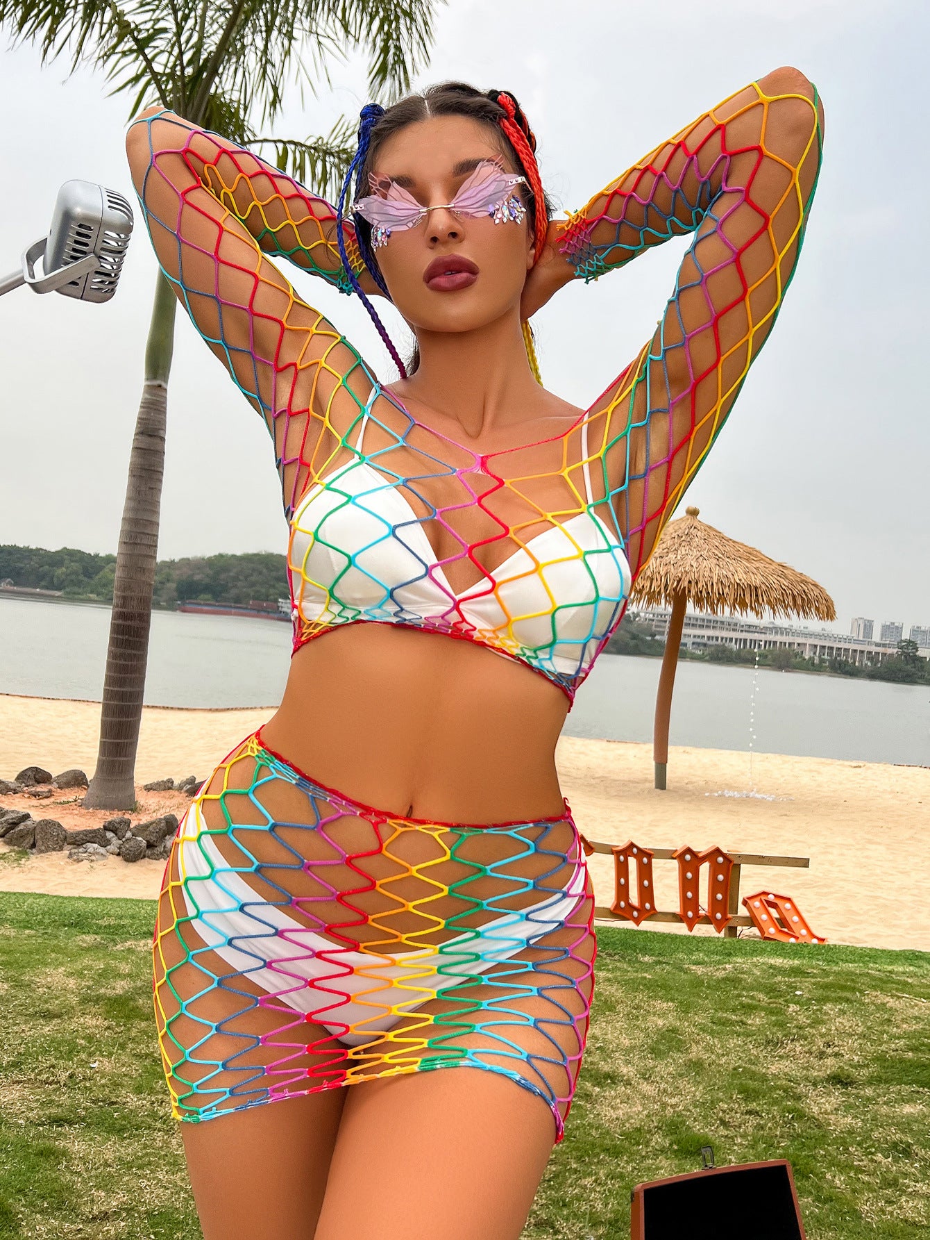 LADIES RAINBOW BEACHWEAR COVER UP SKIRT SET RAINBOW (ONE SIZE)