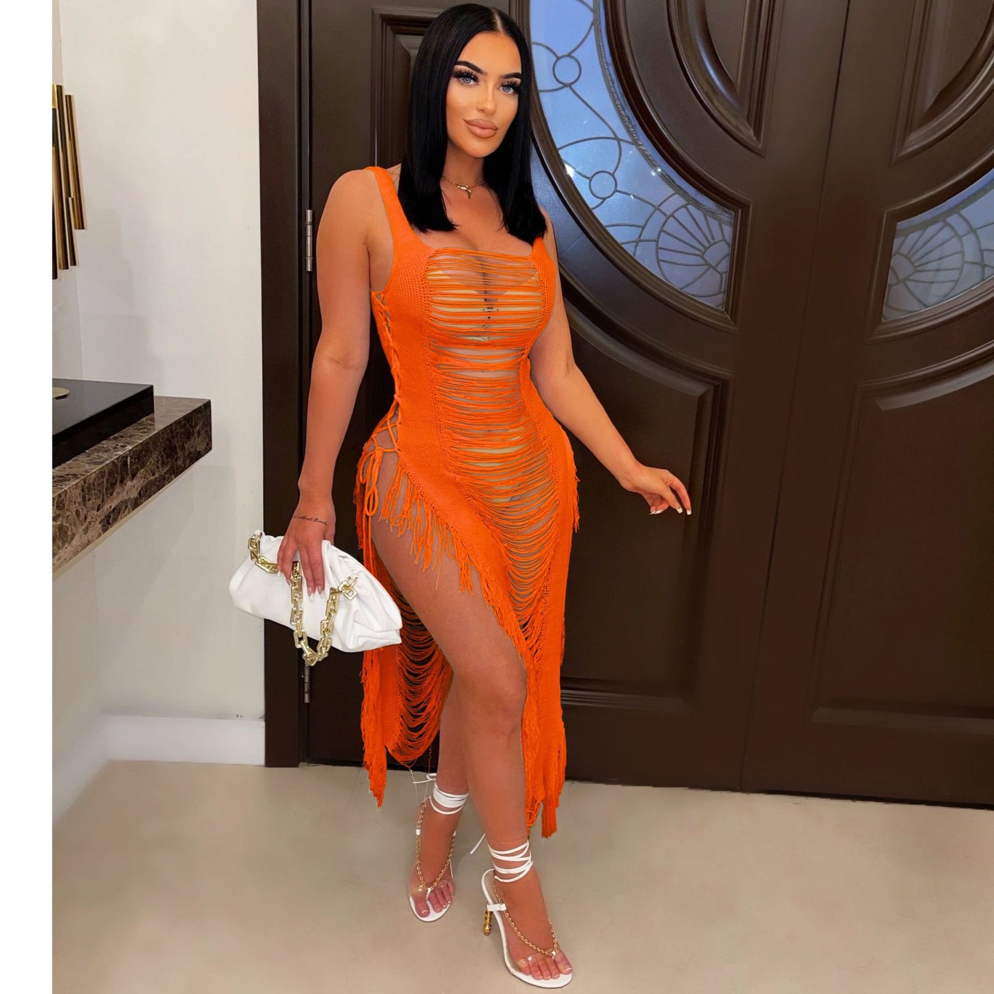 LADIES SWIMSUIT COVER UP DRESS WHITE / BLACK / ORANGE / KHAKI / PINK (SIZE S-XL)