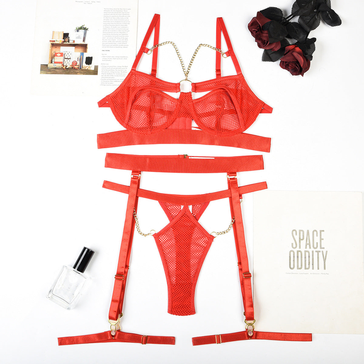 LADIES THREE PIECE LINGERIE SET BLACK / RED (SIZES S-L)