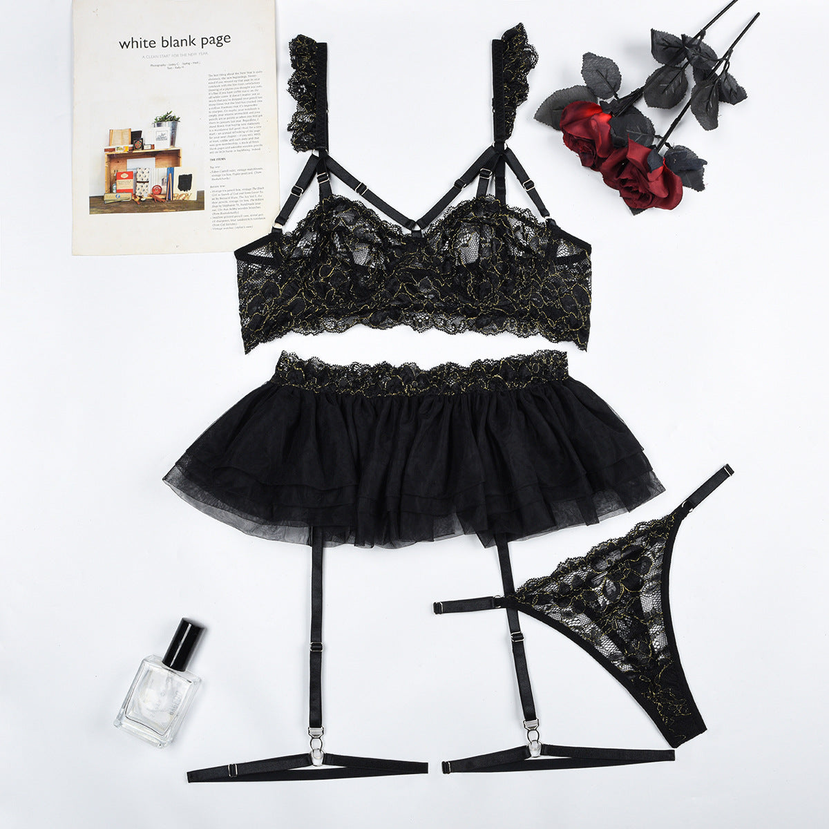LADIES SEXY SKIRT & LINGERIE SET WHITE / PINK / BLACK / RED (SIZES S-L)