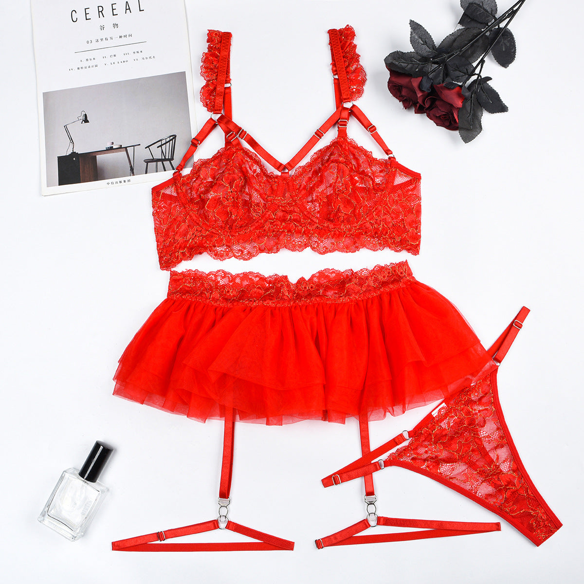 LADIES SEXY SKIRT & LINGERIE SET WHITE / PINK / BLACK / RED (SIZES S-L)