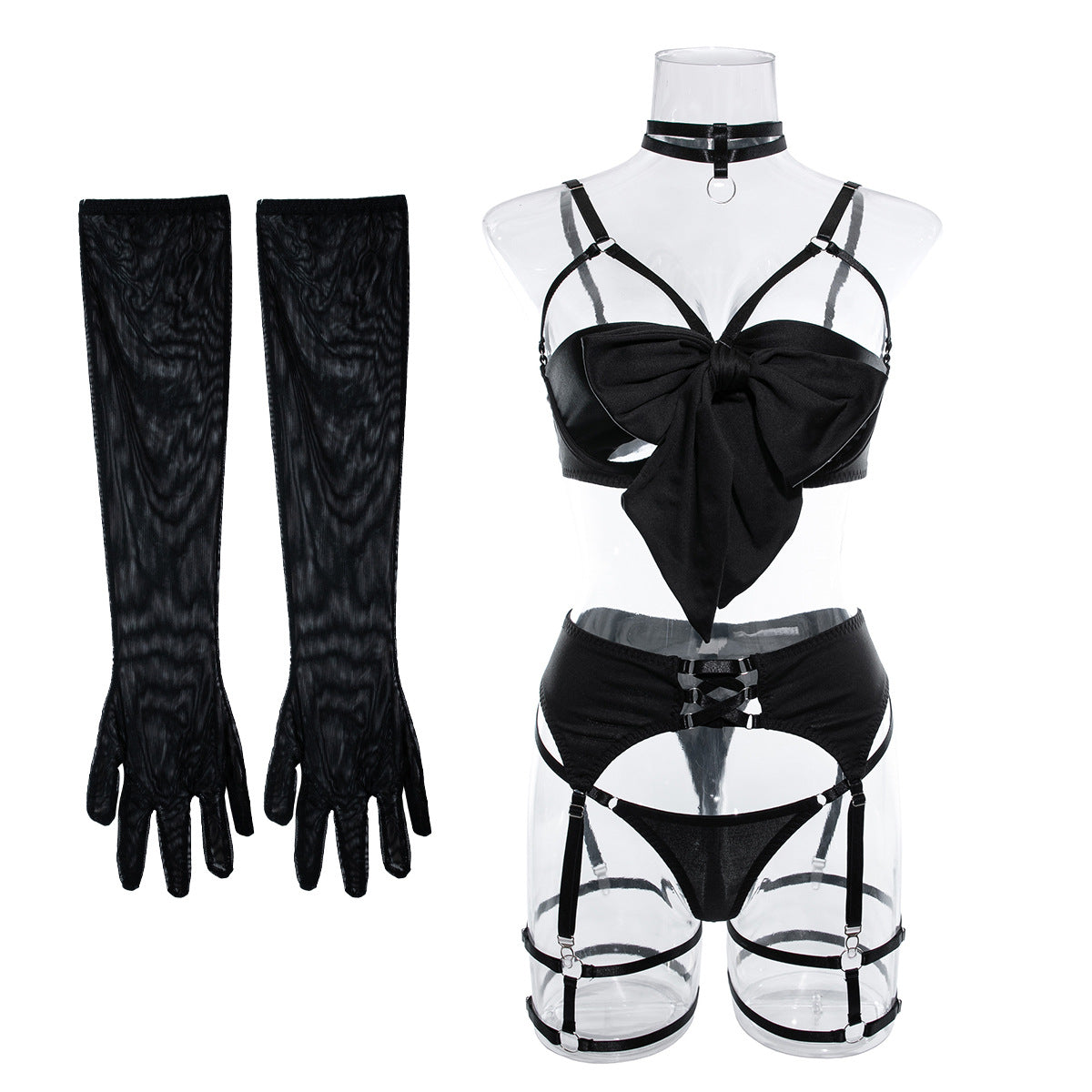 LADIES FOUR PIECE INTIMATE GARTER LINGERIE SET BLACK / RED (SIZE S-L)