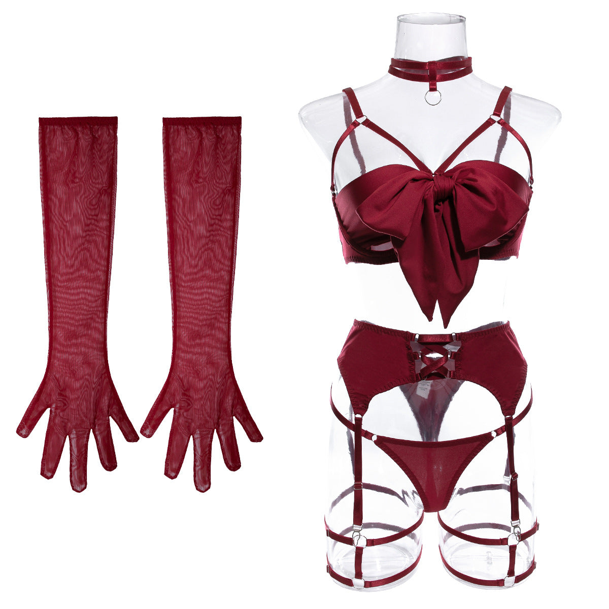 LADIES FOUR PIECE INTIMATE GARTER LINGERIE SET BLACK / RED (SIZE S-L)