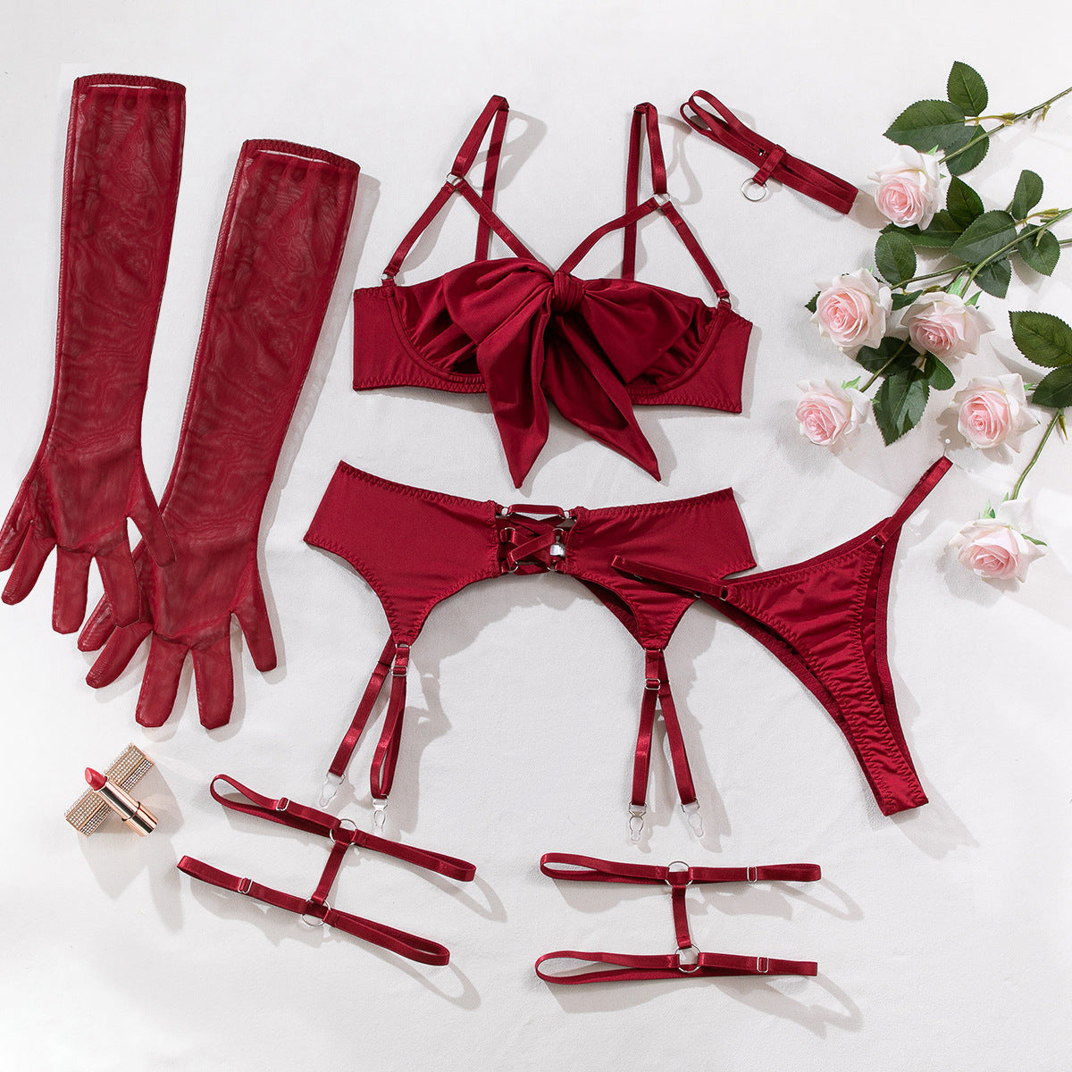 LADIES FOUR PIECE INTIMATE GARTER LINGERIE SET BLACK / RED (SIZE S-L)