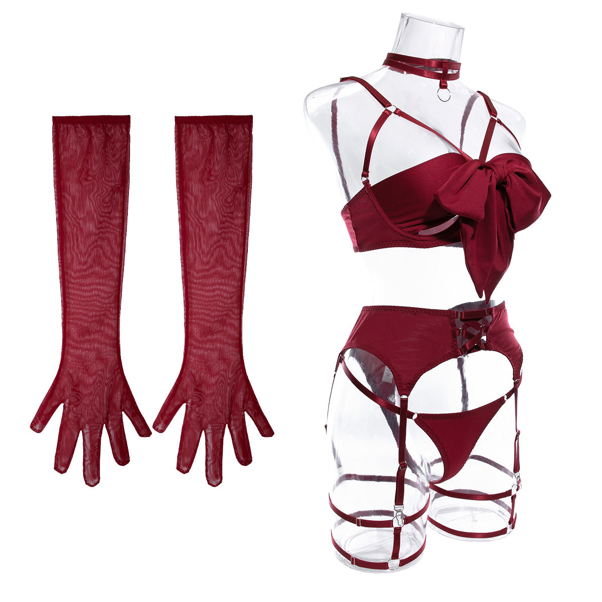 LADIES FOUR PIECE INTIMATE GARTER LINGERIE SET BLACK / RED (SIZE S-L)