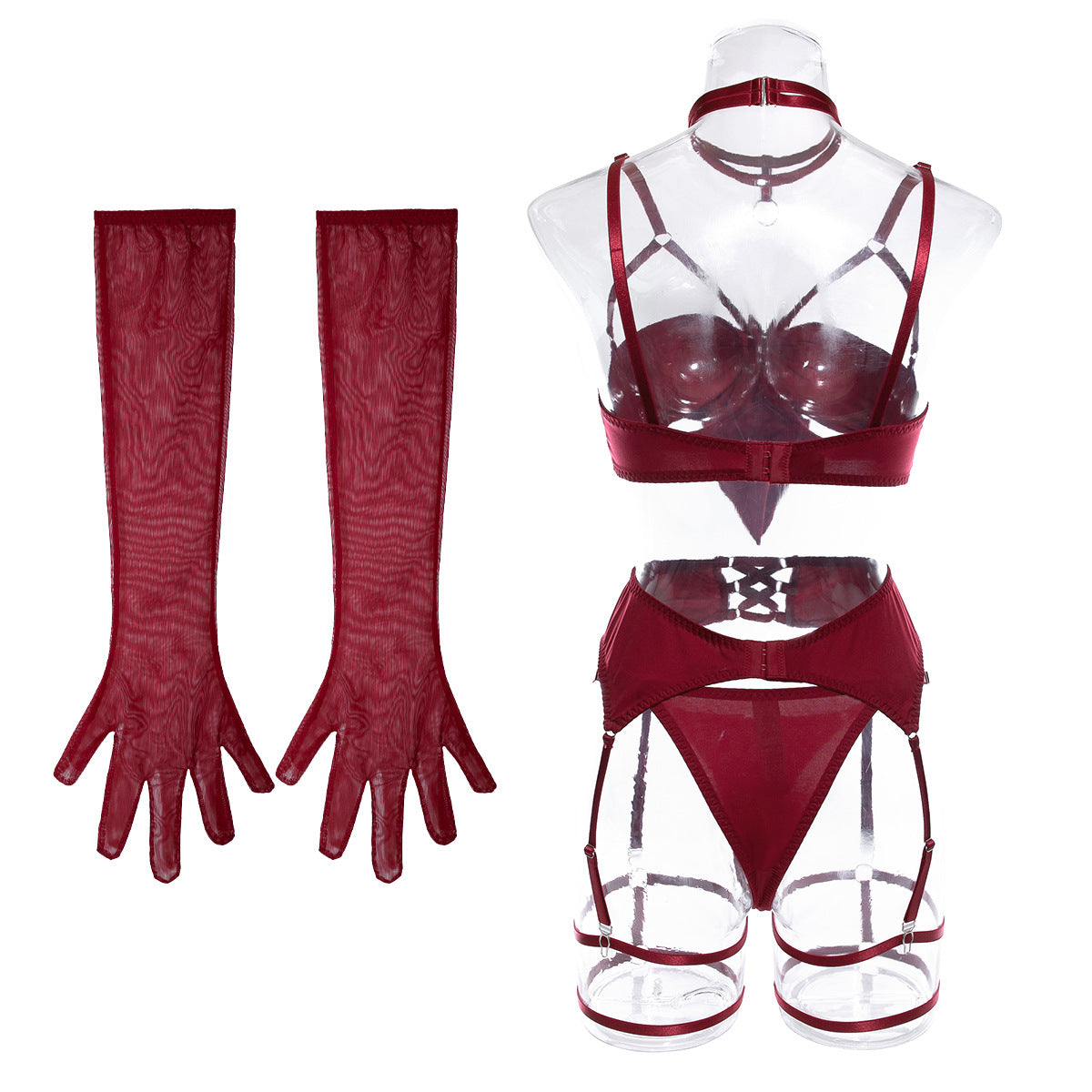 LADIES FOUR PIECE INTIMATE GARTER LINGERIE SET BLACK / RED (SIZE S-L)