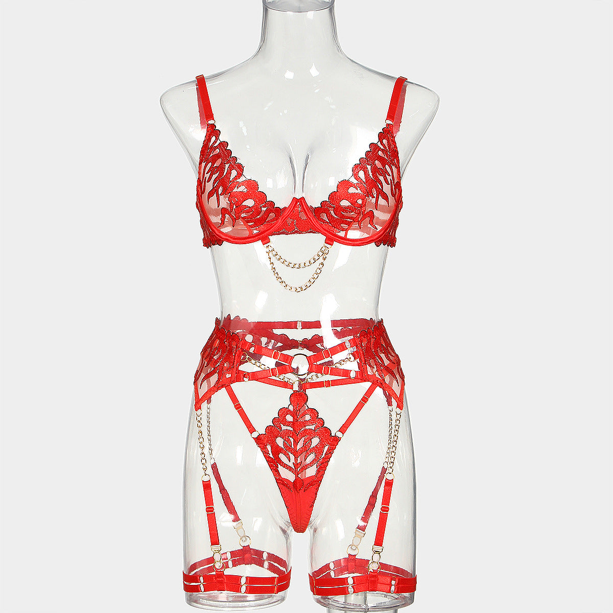 LADIES FOUR PIECE LINGERIE SET RED (SIZE S-L)