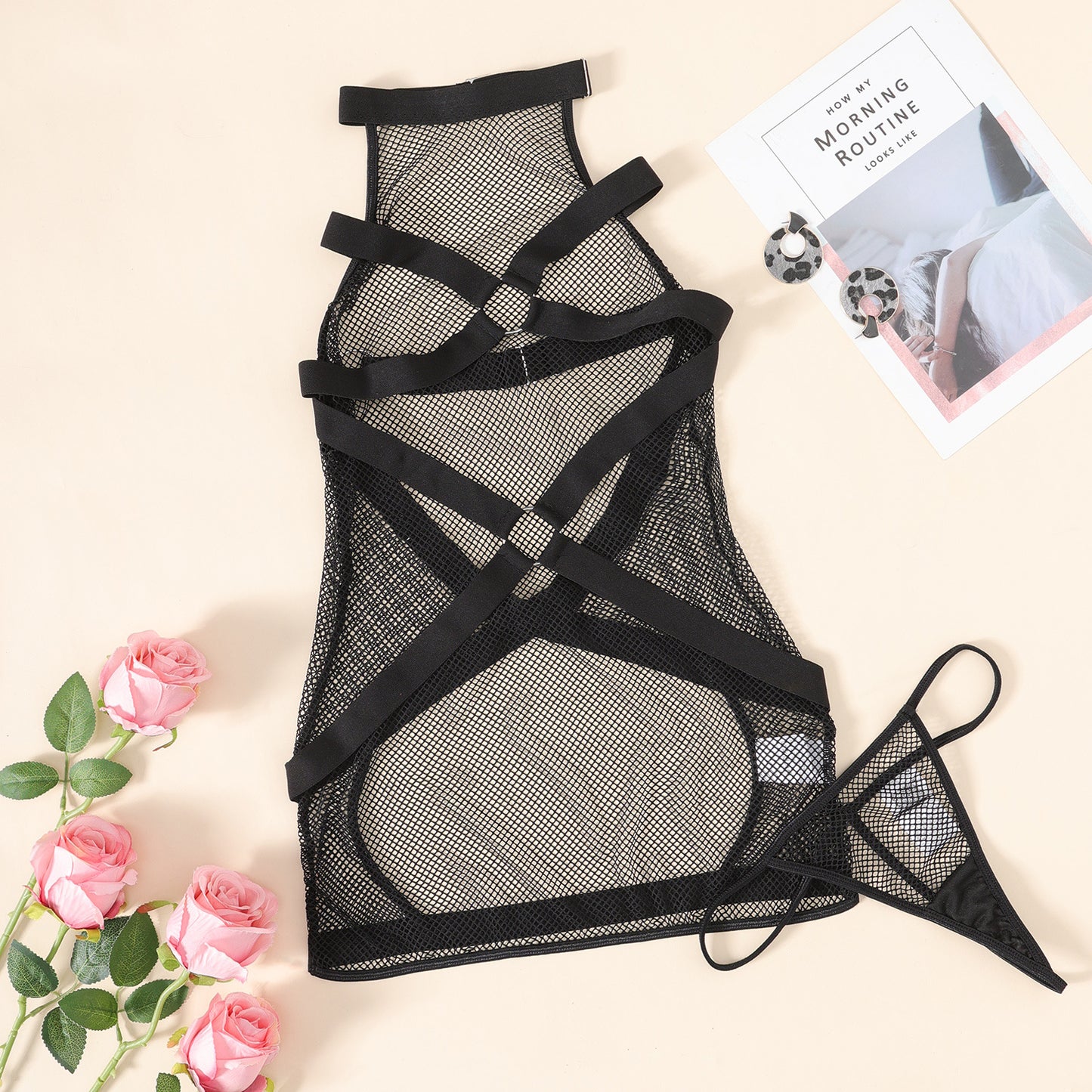 LADIES SEXY FISHNET LINGERIE DRESS BLACK (SIZE S-L)