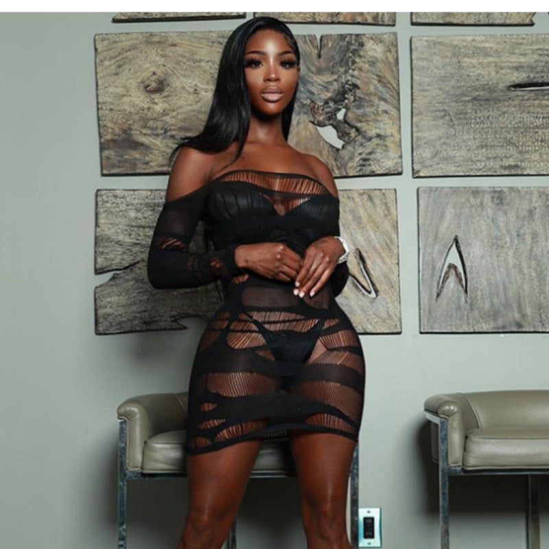 LADIES SEXY LONG SLEEVE LINGERIE DRESS BLUE / BLACK (ONE SIZE)