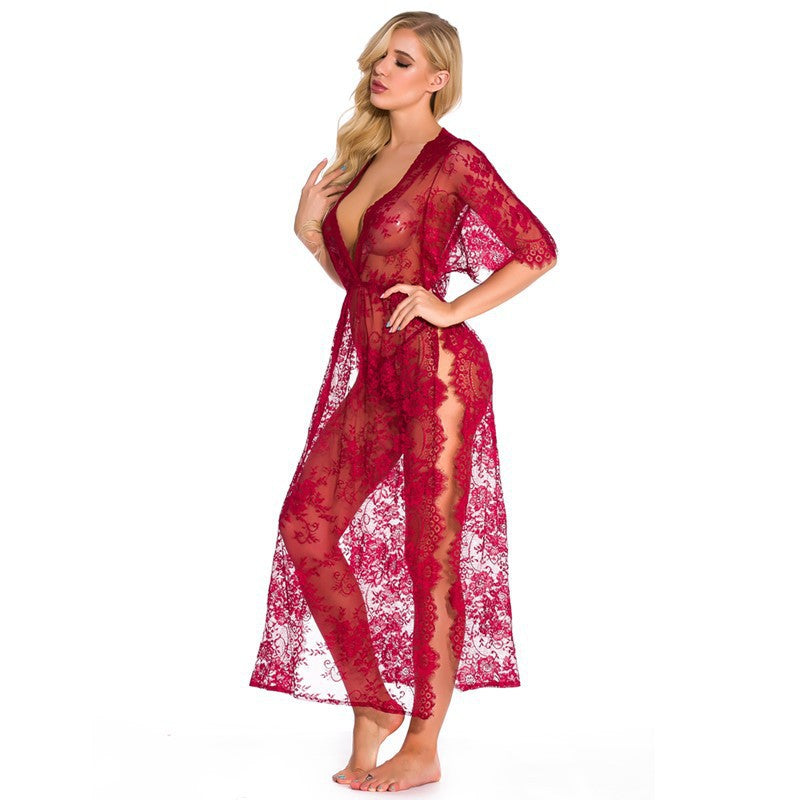 LADIES INTIMATE LACE SLEEPWEAR LINGERIE ROBE BLACK / WHITE / GREEN / WINE RED (SIZE S-2XL)