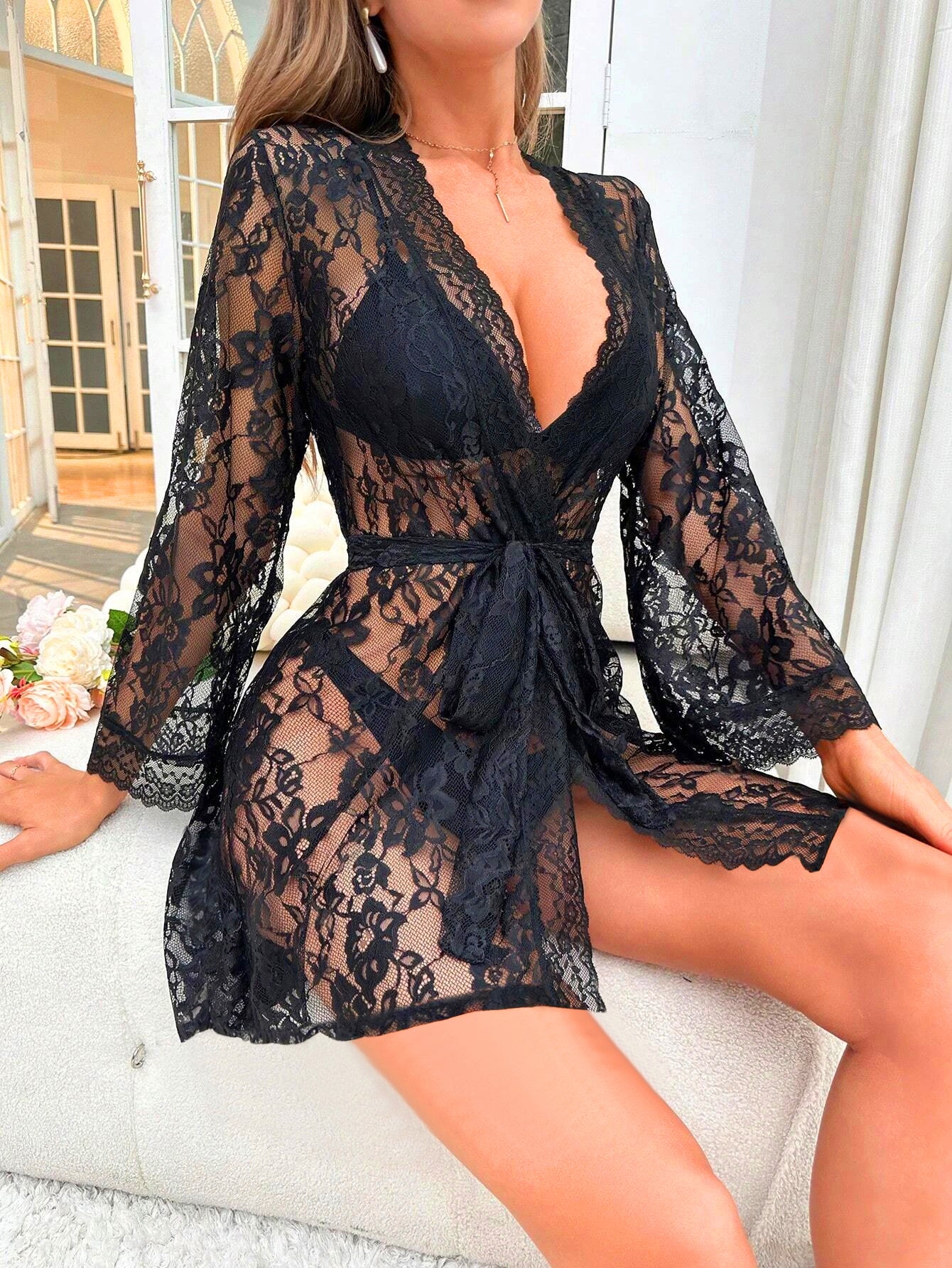 LADIES INTIMATE LACE LINGERIE ROBE BLACK (SIZE S-2XL)