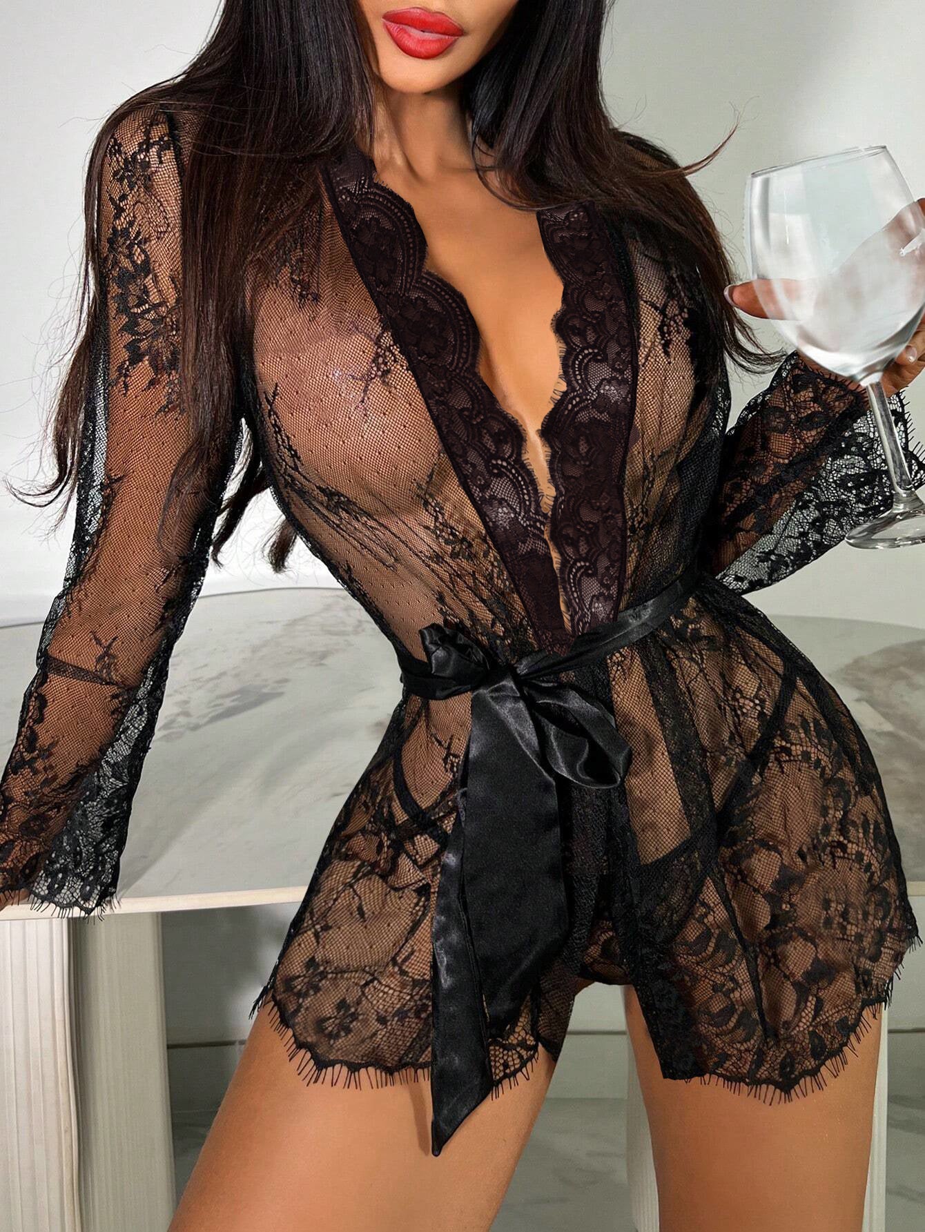 LADIES INTIMATE LACE LINGERIE ROBE BLACK (SIZE S-2XL)