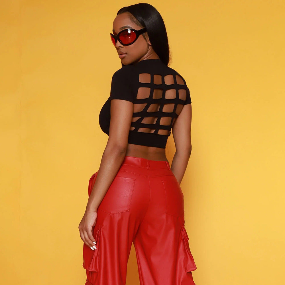 LADIES SHORT SLEEVE CROP TOP BLACK (SIZE S-L)