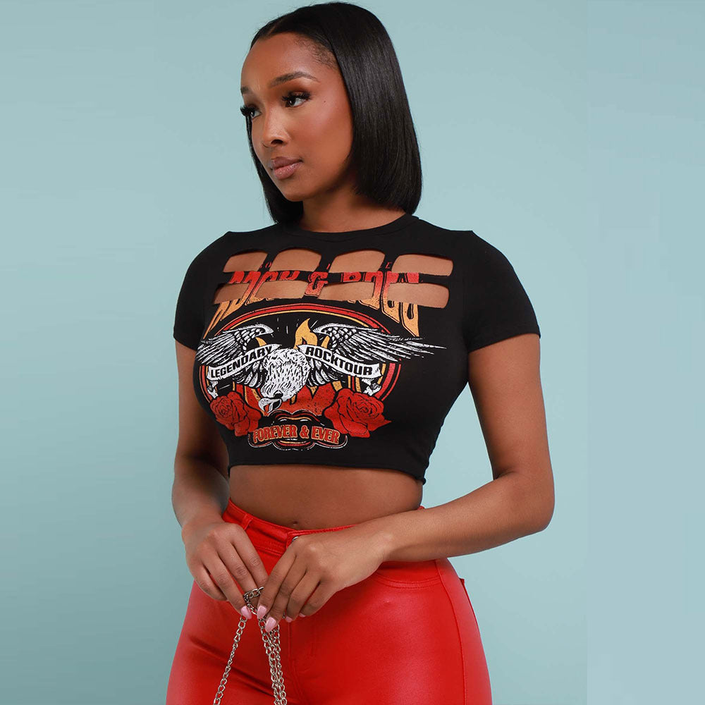 LADIES SHORT SLEEVE CROP TOP BLACK (SIZE S-L)