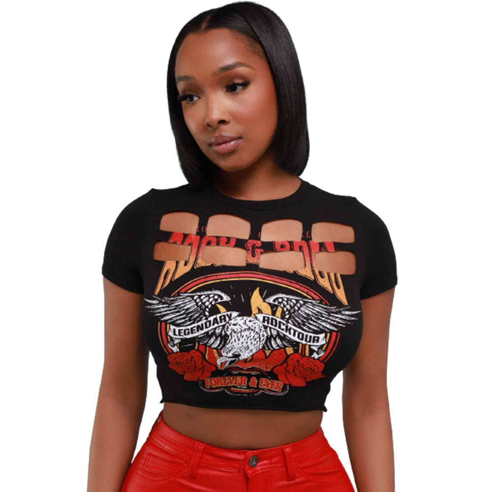 LADIES SHORT SLEEVE CROP TOP BLACK (SIZE S-L)