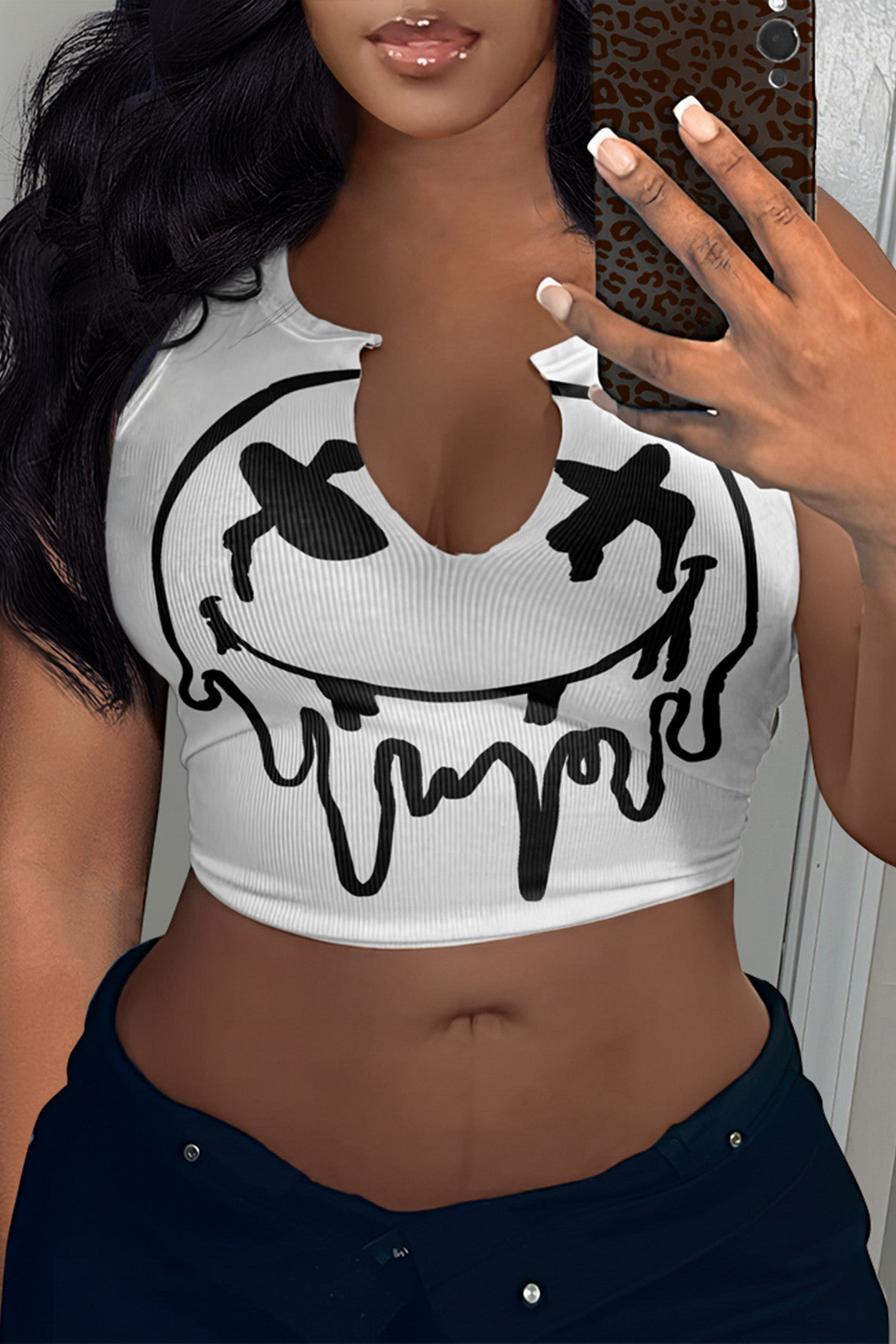 LADIES SLEEVELESS PRINTED CROP TOP WHITE / BLACK / WHITE PRINT (SIZE XS-XL)