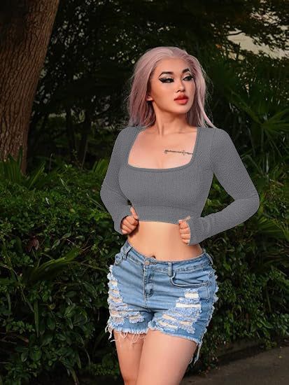 LADIES LONG SLEEVE CROP TOP BLACK / GRAY / KHAKI / BLUE (SIZE S-2XL)